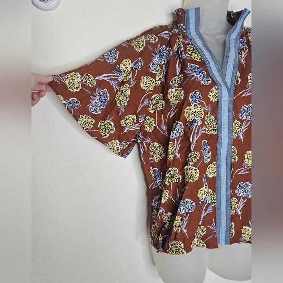 THML Boho Floral Coffee Brown Stripe Detail Ruffle High Neck Short Sleeve Top - Picture 3 of 9